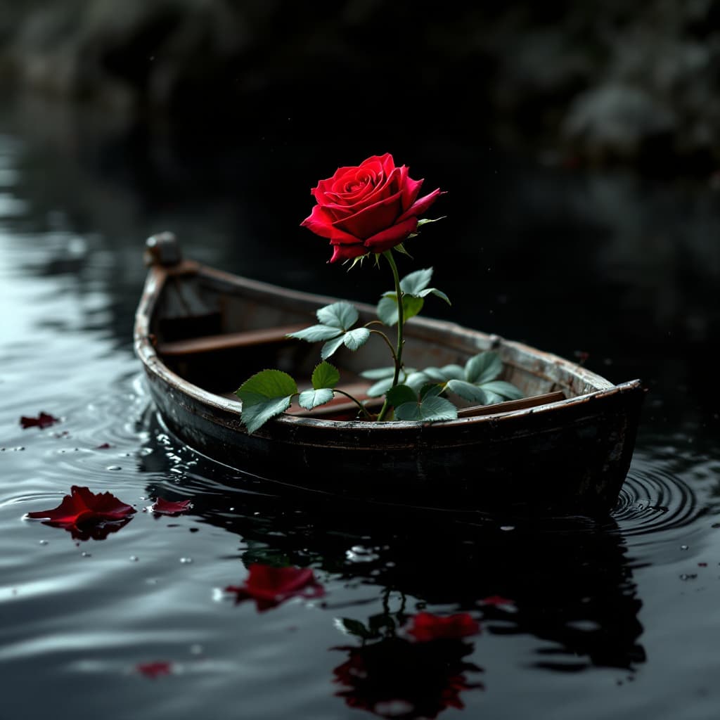 AI generated: A rose in a boat, floating in hell. 