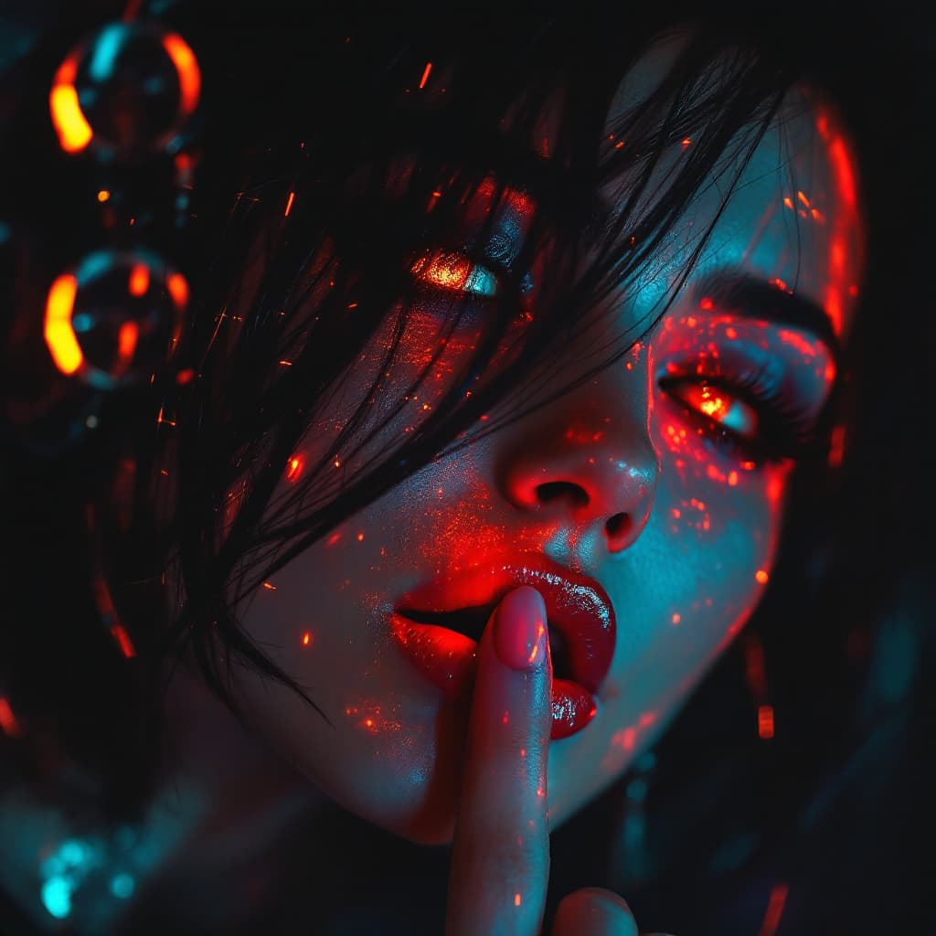 AI generated: A woman's face with a cyberpunk-style finger in her mouth 