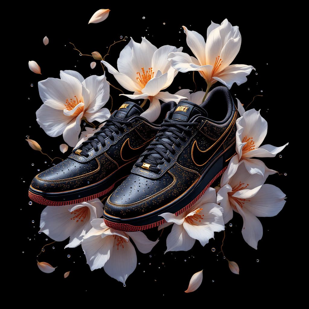 AI generated: An artistic and highly detailed illustration of a pair of Nike sneakers arranged with an almost surr...