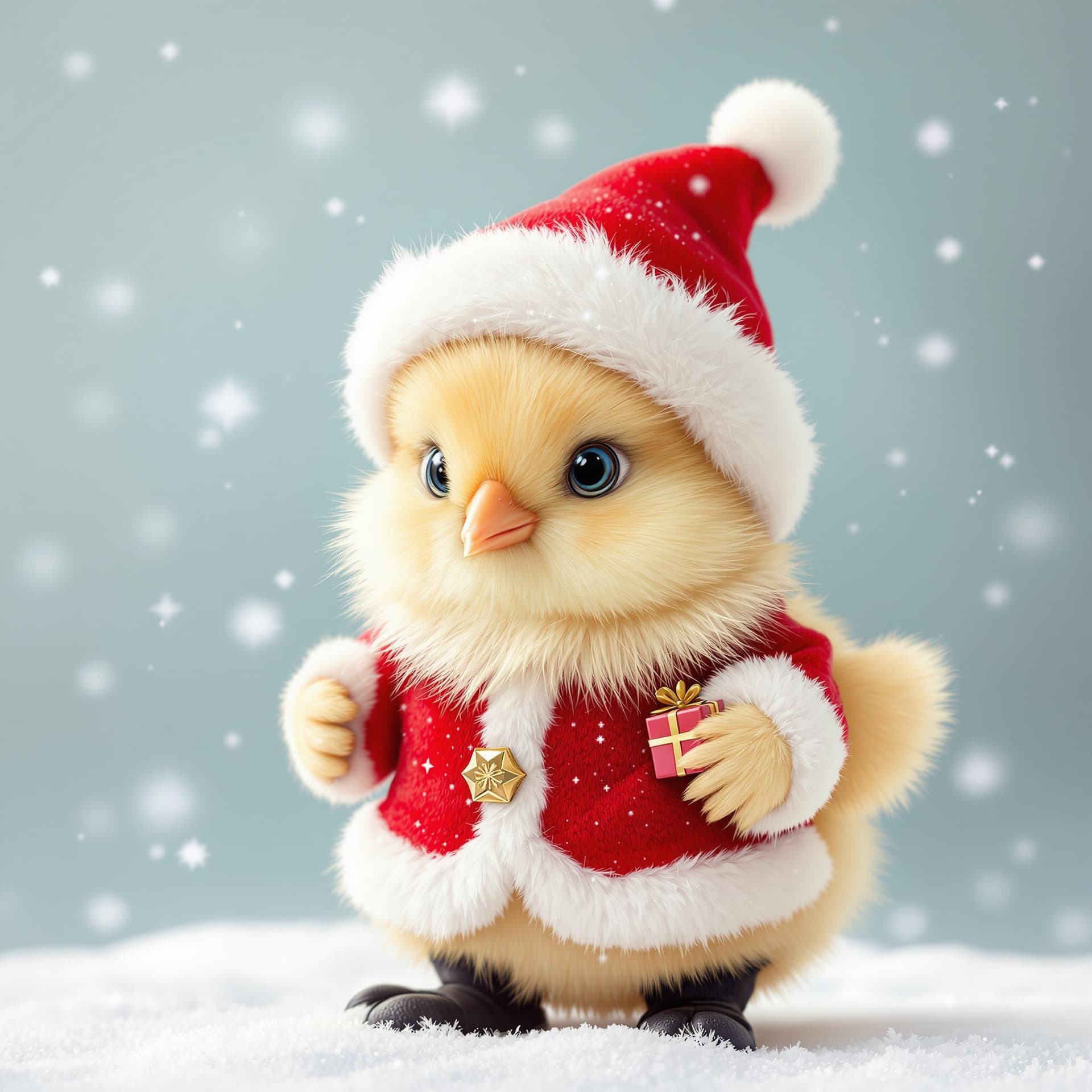 AI generated: A cute little chick dressed in a traditional Santa Claus outfit, complete with a red suit, white fur...