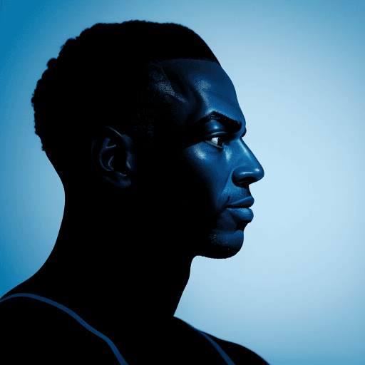AI generated: photography, portrait of contrast, profile silhouette of michael jordan, vibrant hot blue backdrop, ...