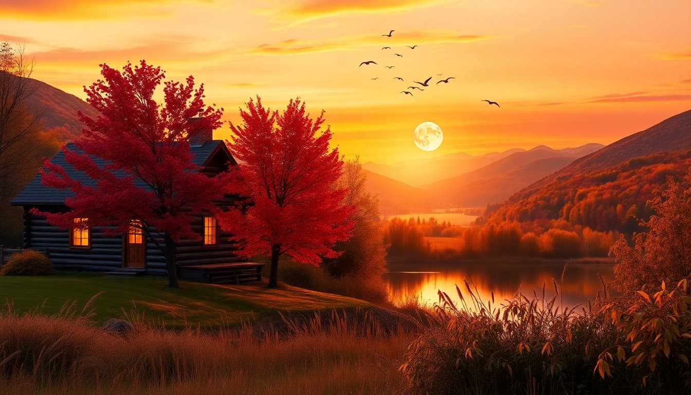 AI generated: A serene autumn landscape at sunset featuring a rustic wooden cabin with warm glowing windows nestle...