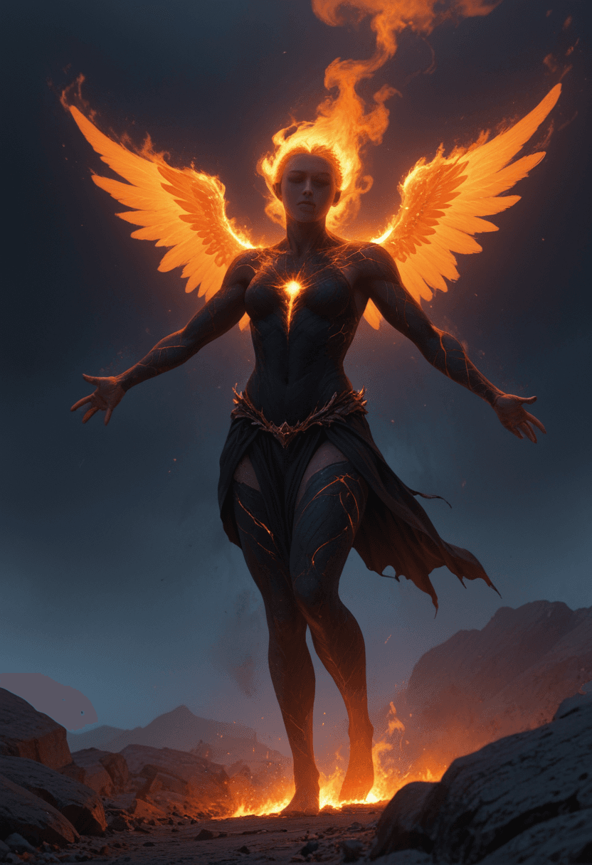 AI generated: powerful,cinematic fantasy artwork depicting a mythic figure ascending in a blaze of divine fire. A ...
