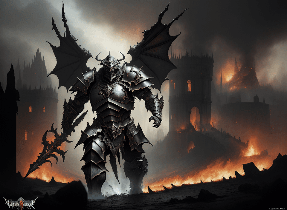 AI generated: a heavily armored Warhammer chaos warrior, by Thomas Cole and Wayne Barlowe, highly details, high co...