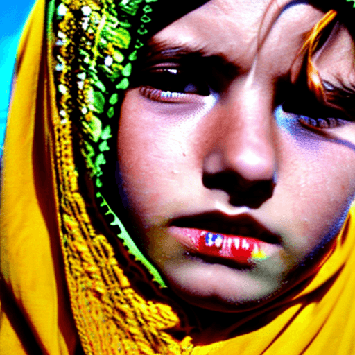 AI generated: a teenage girl of afghani descent with striking rainbow eyes stares at the camera with a deep read h...