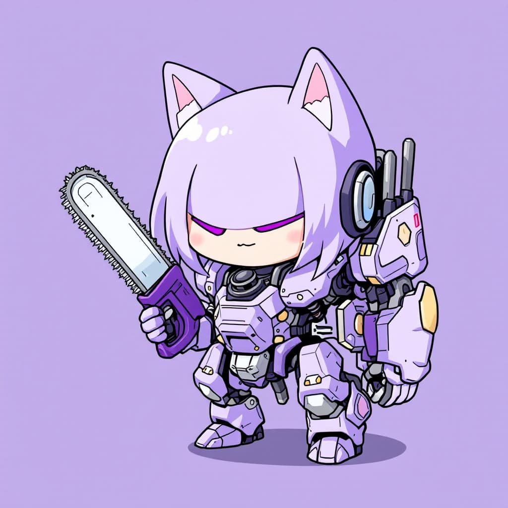 AI generated: best quality,Lavender theme,
(solo,chibi:1.2),chainsaw,exoskeleton,mecha musume,mechanical parts,cat...