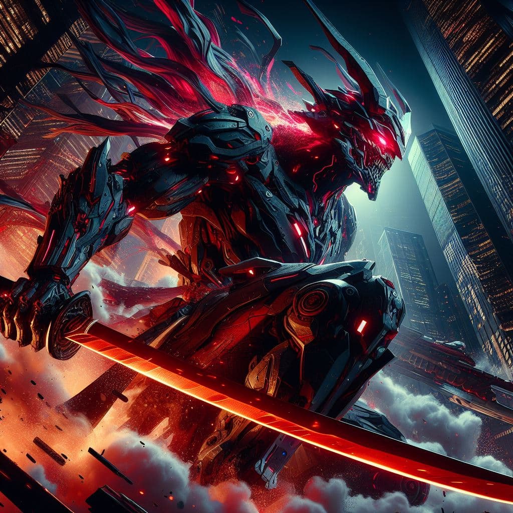 AI generated: high ground angle shot, skyscrappers on low ground, a behemoth masked divinity futuristic organic sa...