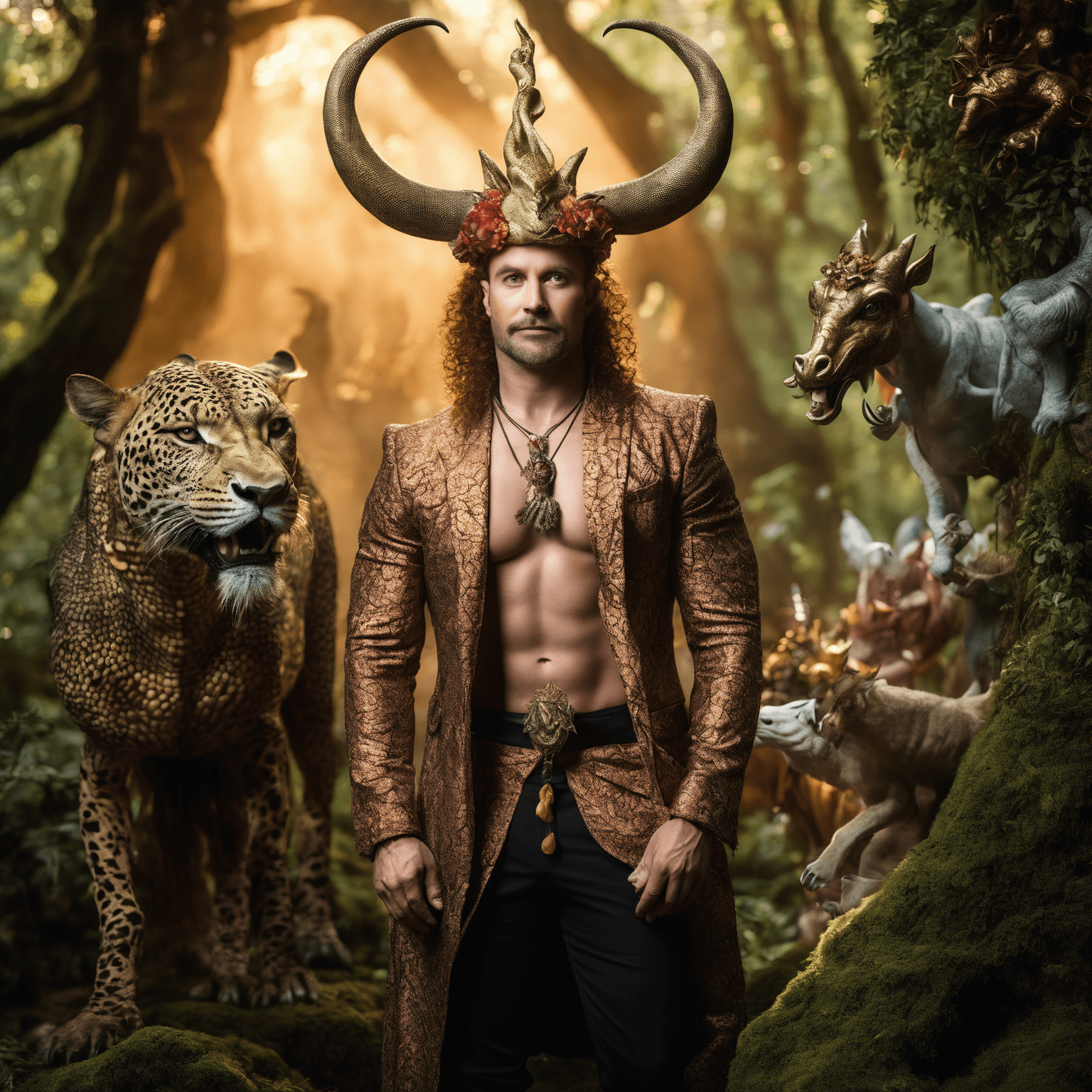 AI generated: close up potrait A fearless 35-year-old mythical beast tamer, adorned with exotic animal companions,...