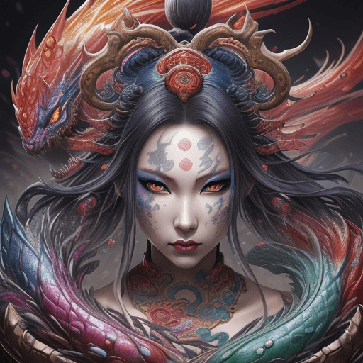 AI generated: showcase the magnificence of Orochi, colorful masterpiece, 1woman, with scaly skin, extremely detail...