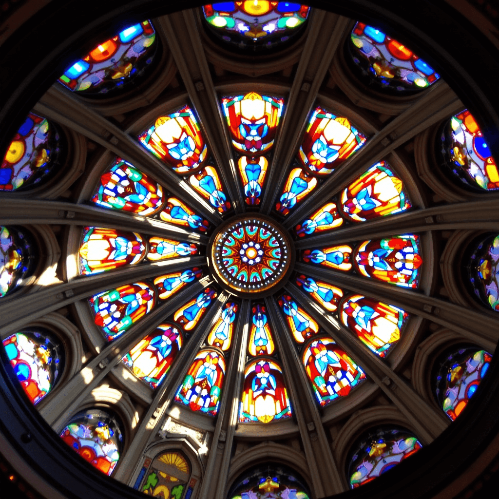 AI generated: Fisheye view from inside a cathedral dome, stained glass refracting colored light in arched distorti...