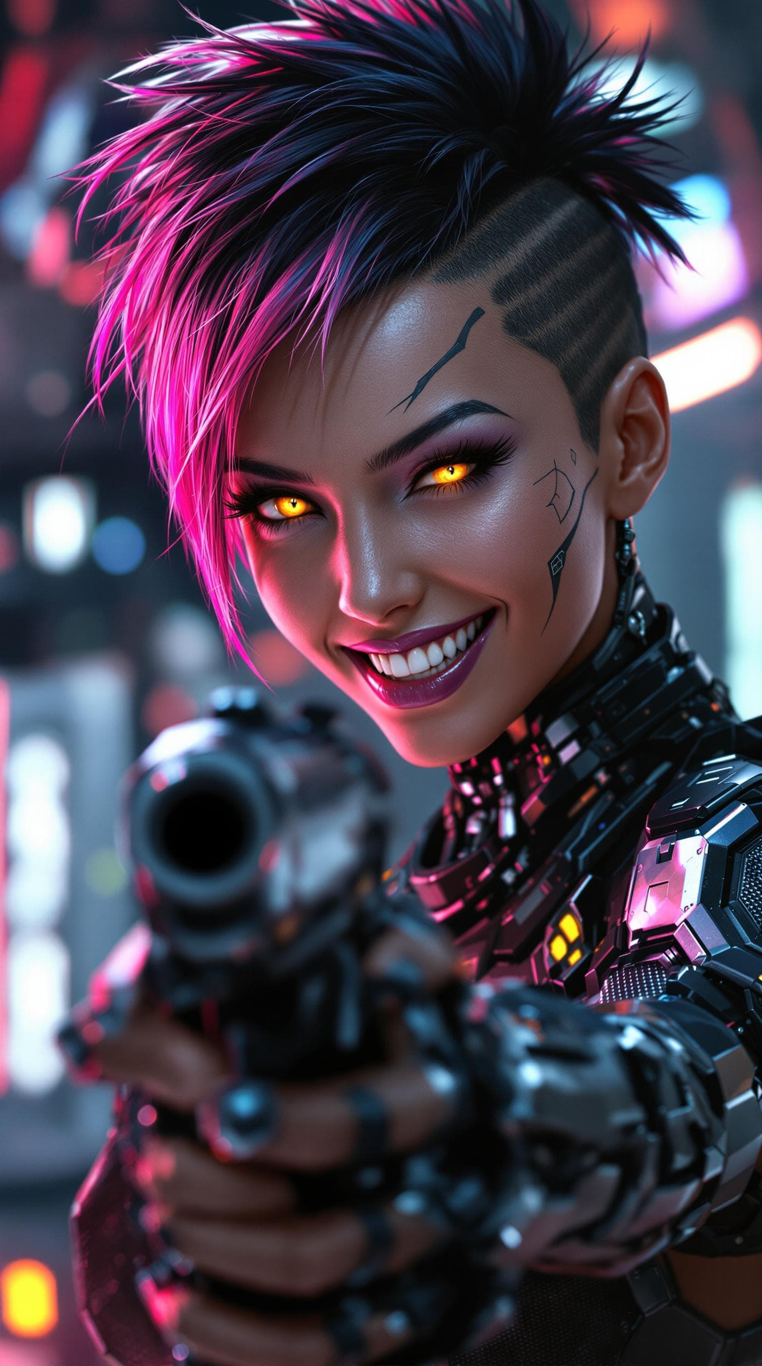 AI generated: The image depicts a futuristic, cybernetic female character with a striking appearance. She has shor...