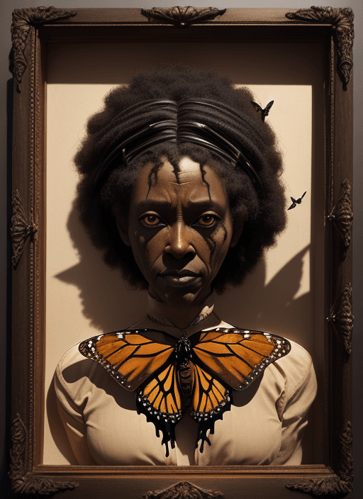 AI generated: (Surreal, photography, nature): Black woman fused with monarch butterfly mounted in shadowbox, volum...