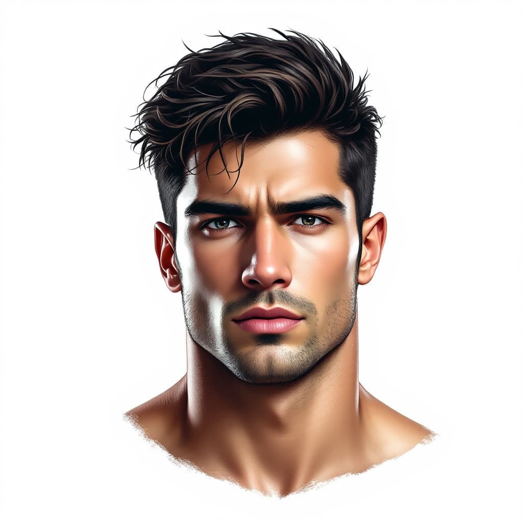 AI generated: A male in his 20's,muscular, face is very masculine. chin widht is very narrow,
realistic,real, fron...