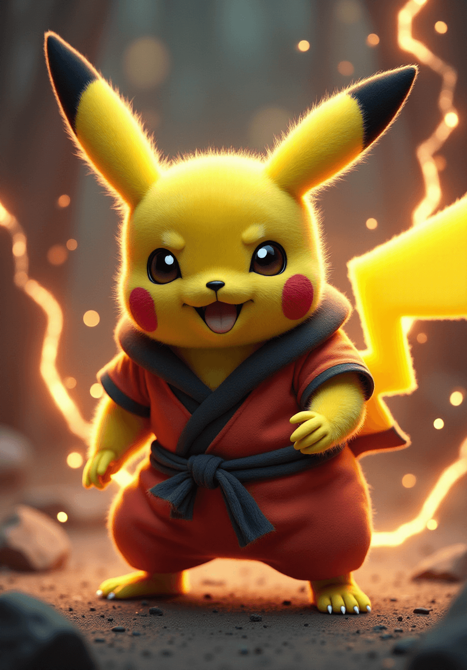 AI generated: Pikachu is a fierce warrior in human form, wearing a Naruto-style outfit, fused with East Asian myth...