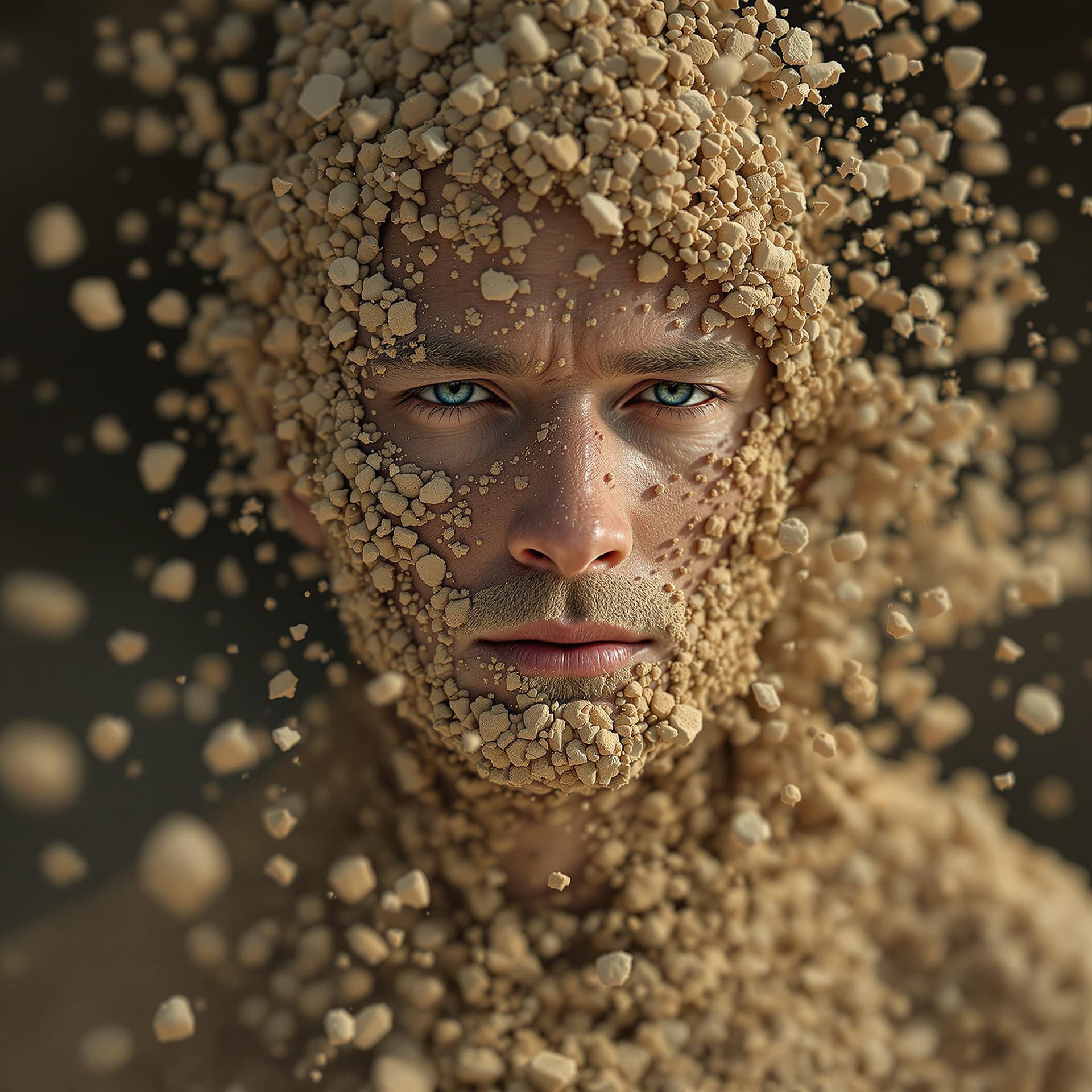 AI generated: Ultra-detailed portrait of a man whose skin slowly crumbles into sand, grains floating away with the...