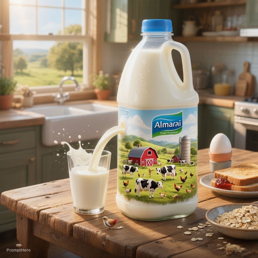 AI generated: A large plastic jug of Almarai fresh full-fat milk is placed prominently on a rustic wooden breakfas...