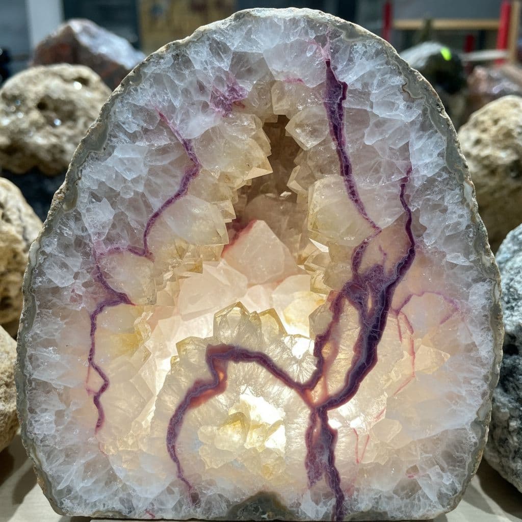 AI generated: white and yellow Crystal with Pink and Purple veins like marble running through it 