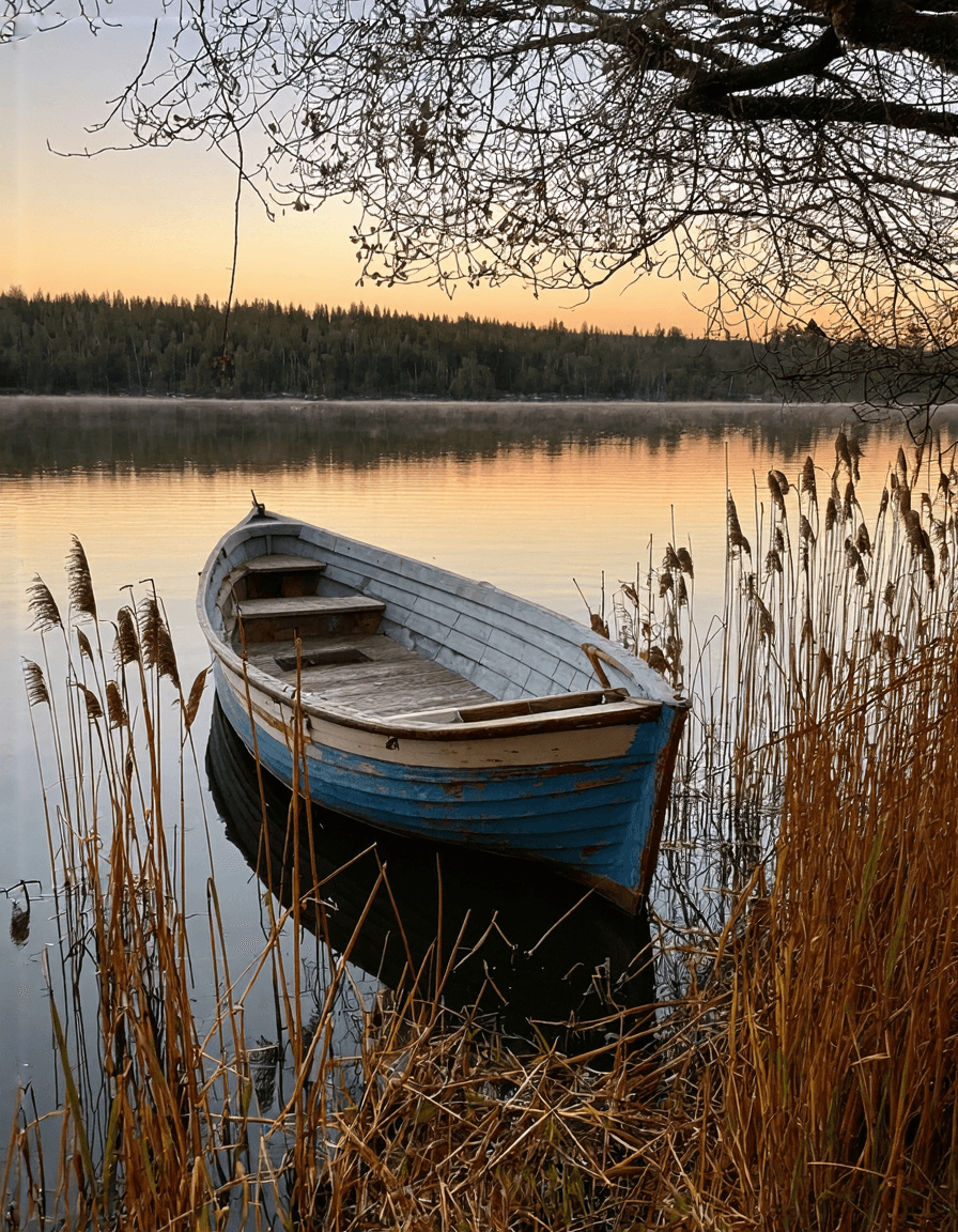 AI generated: The image depicts a serene lakeside scene during sunset. A small, weathered boat (fading blue paint ...
