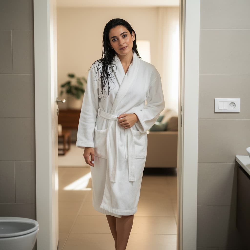 AI generated: a wide distance shot front facing picture of 20 yo italian coming out of the shower,soaking wet,wear...