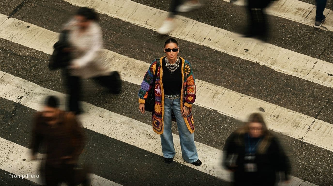AI generated:  generate the second image but replace the model's outfit with the outfit in the first image