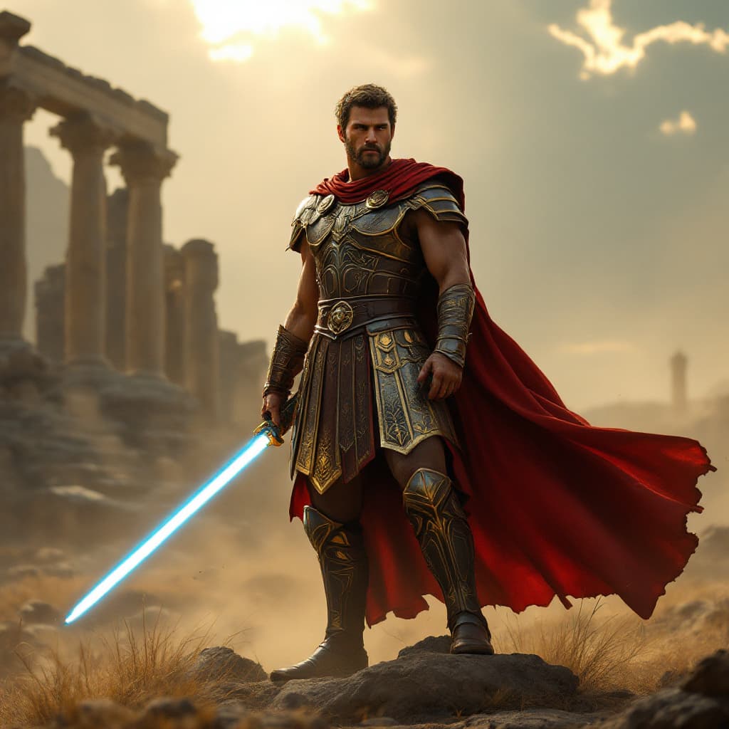 AI generated: A lone Jedi Master, clad in the ornate yet battle-worn armor of an ancient Roman centurion, stands a...