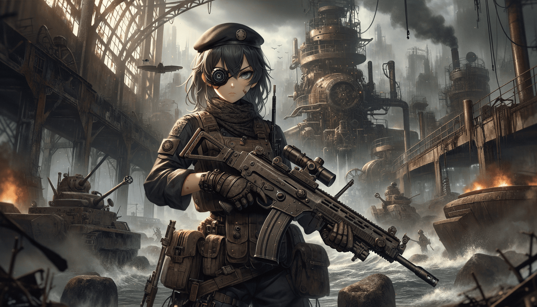 AI generated: style dieselpunk, grimdark, realistic anime, urban setting, female soldier in uniform, eye patch, ho...