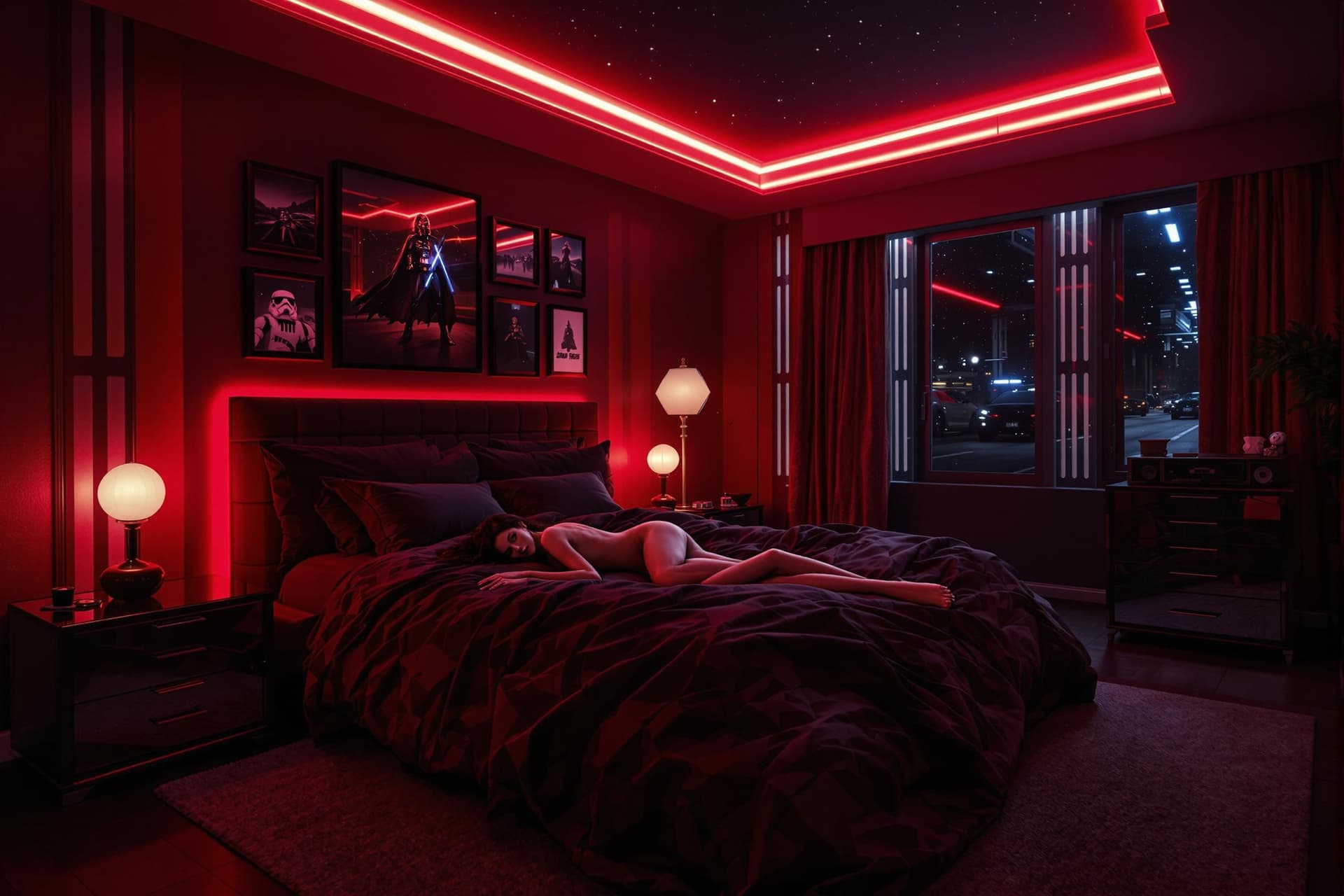 AI generated: 1 girl naked laying in a dark bedroom with red led lights, huge king size bed, Star wars themed room