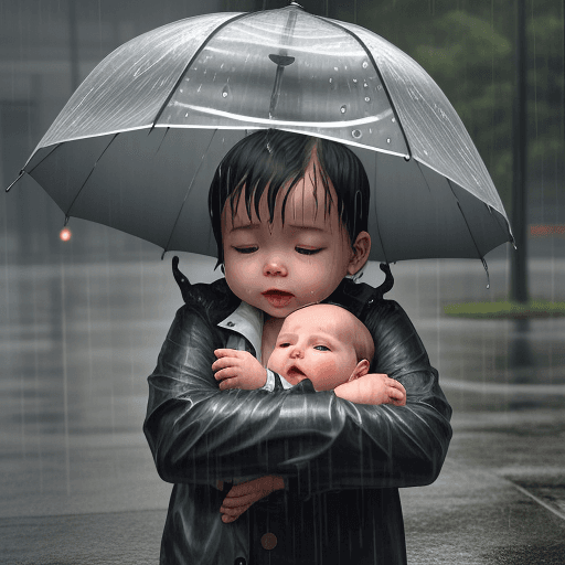 AI generated: Baby caught in heavy rain