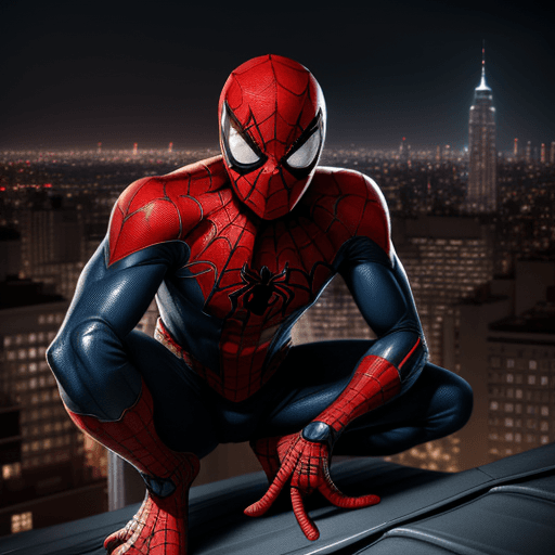 AI generated: high quality illustration, photo spiderman, superhero, black and red spiderman, crouching on a rooft...