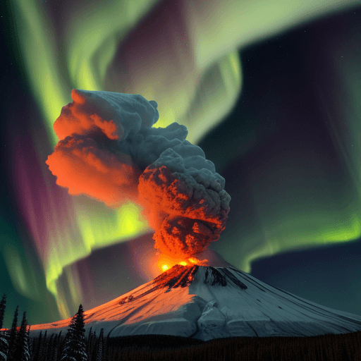 AI generated: hiper realistic photo of volcano erupting, in snowy northern landscape, aurora borealis, wide image,...