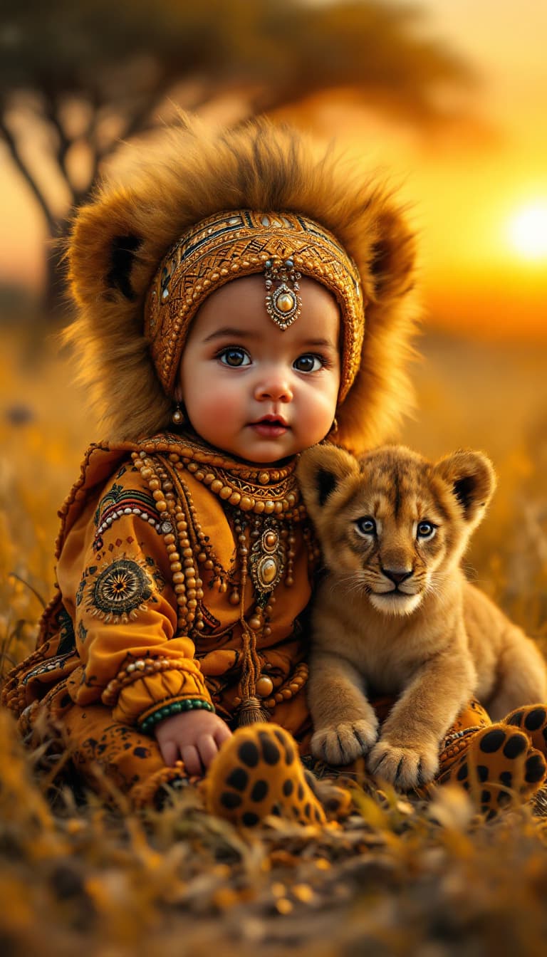 AI generated: A hyper-realistic image of a baby dressed in an African lion-themed outfit, featuring warm golden to...