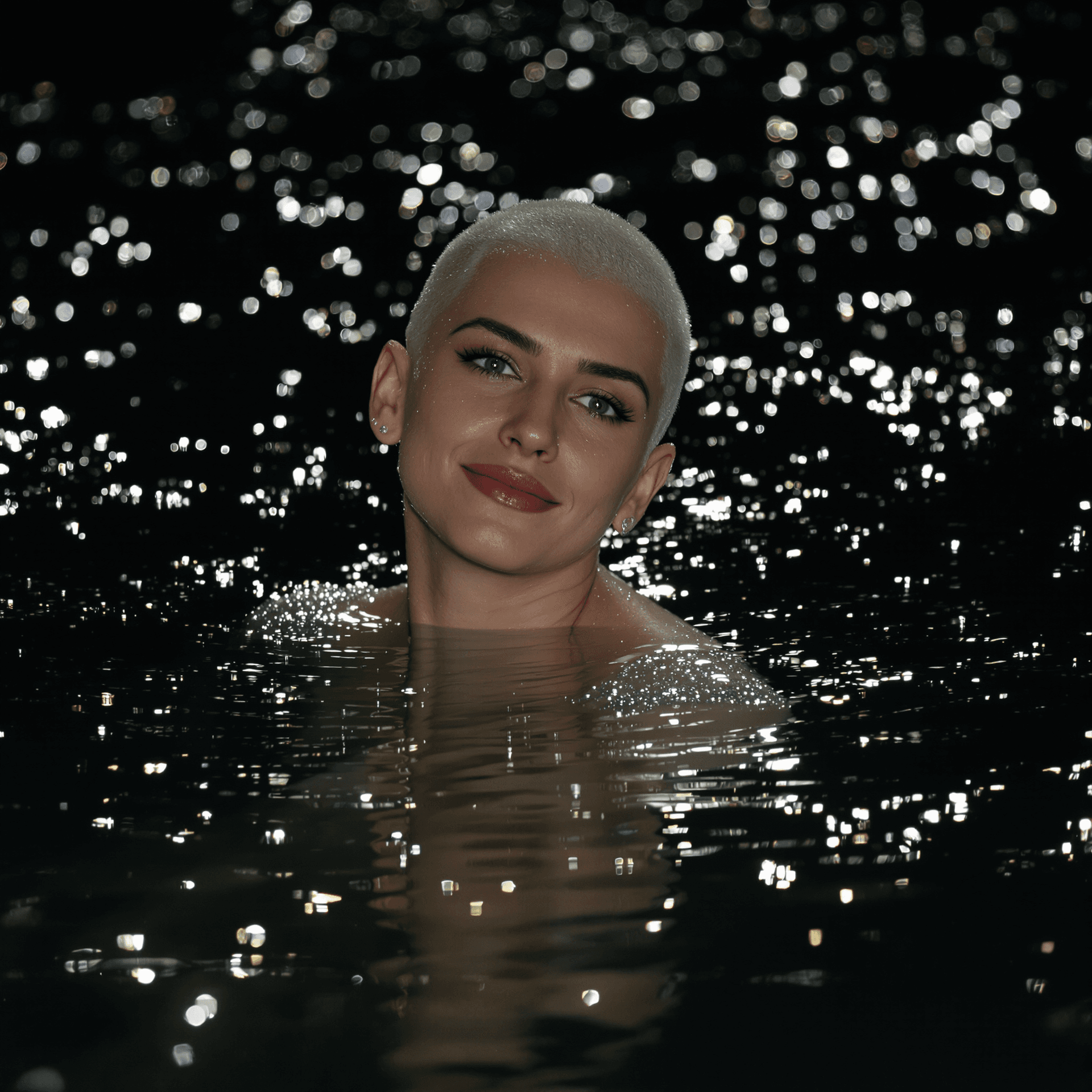 AI generated: A captivating, high-resolution night photograph of a graceful, young, and slender woman with a strik...