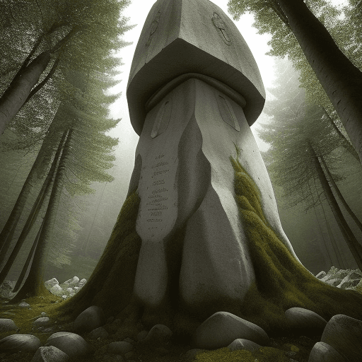 AI generated: Une clairière au cachée au fon d'une forêt avec des menhirs autour de cette clairière. Au centre de ...