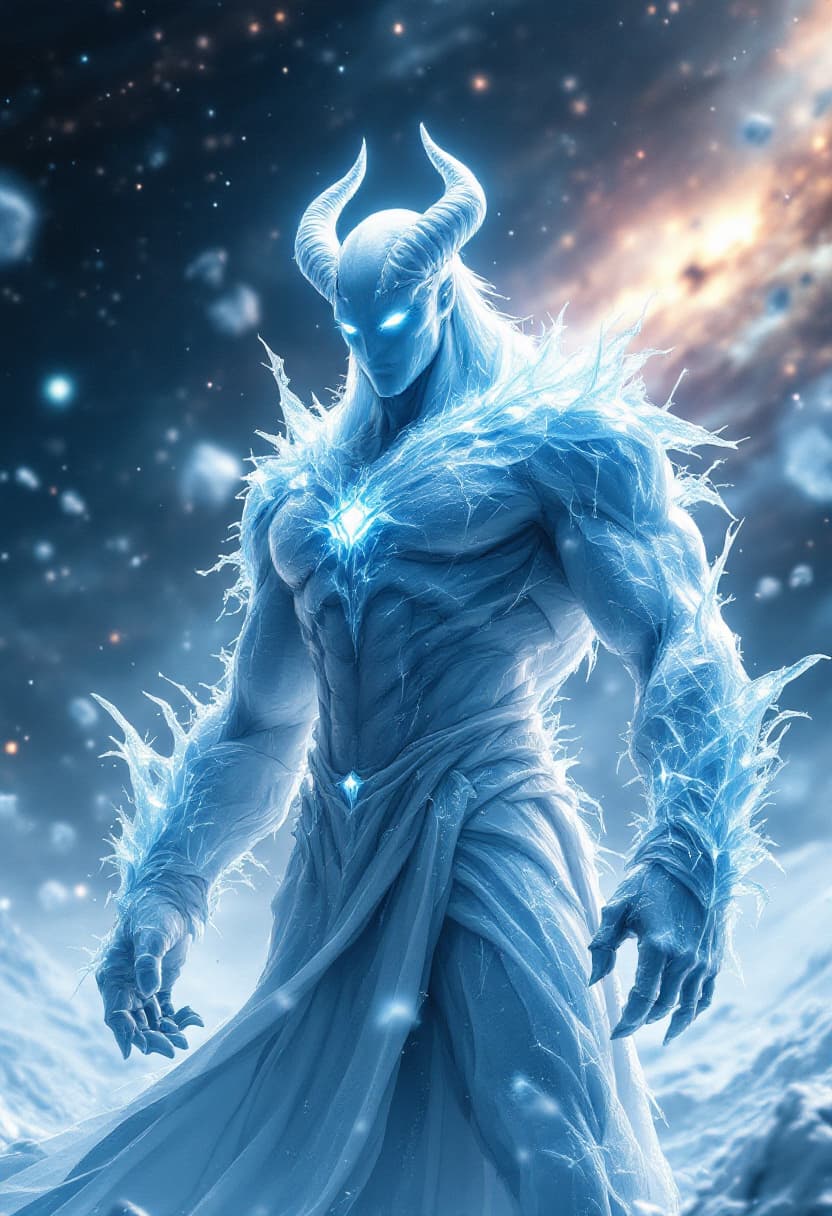 AI generated: God of Ice, full-body, Etherial, muscular, No mouth or hair, Glowing White eyes, epic, cinematic, 8k...
