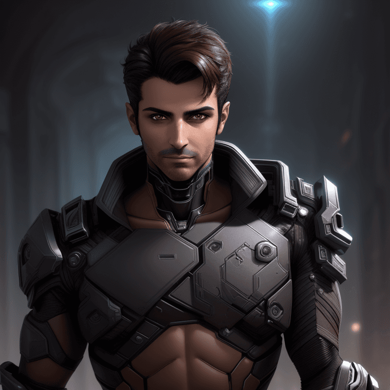 AI generated: (setting shot:1.2), (masculine face, medium dark brown hair, (Mediterranean skin:1.2), cyber lightin...