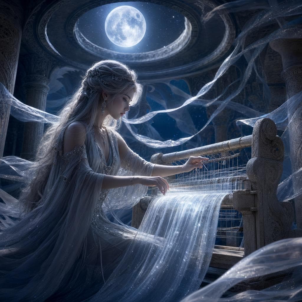 AI generated: The Moonlit Loom — Weaver of Silver Night
A stunning woman sits before an ancient moonlit loom carve...