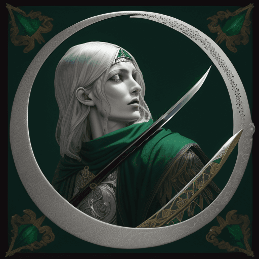 AI generated: Silver Crescent Moon, Emerald Green Laurel Leaves, A Sword and Quill Crossed Behind the Moon, A Bann...