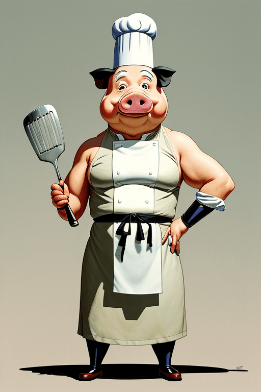 AI generated: artwork by Stan Sakai, style Studio Ghibli,
anthropomorphic pig, cooker,Tall chef's hat, holding a s...