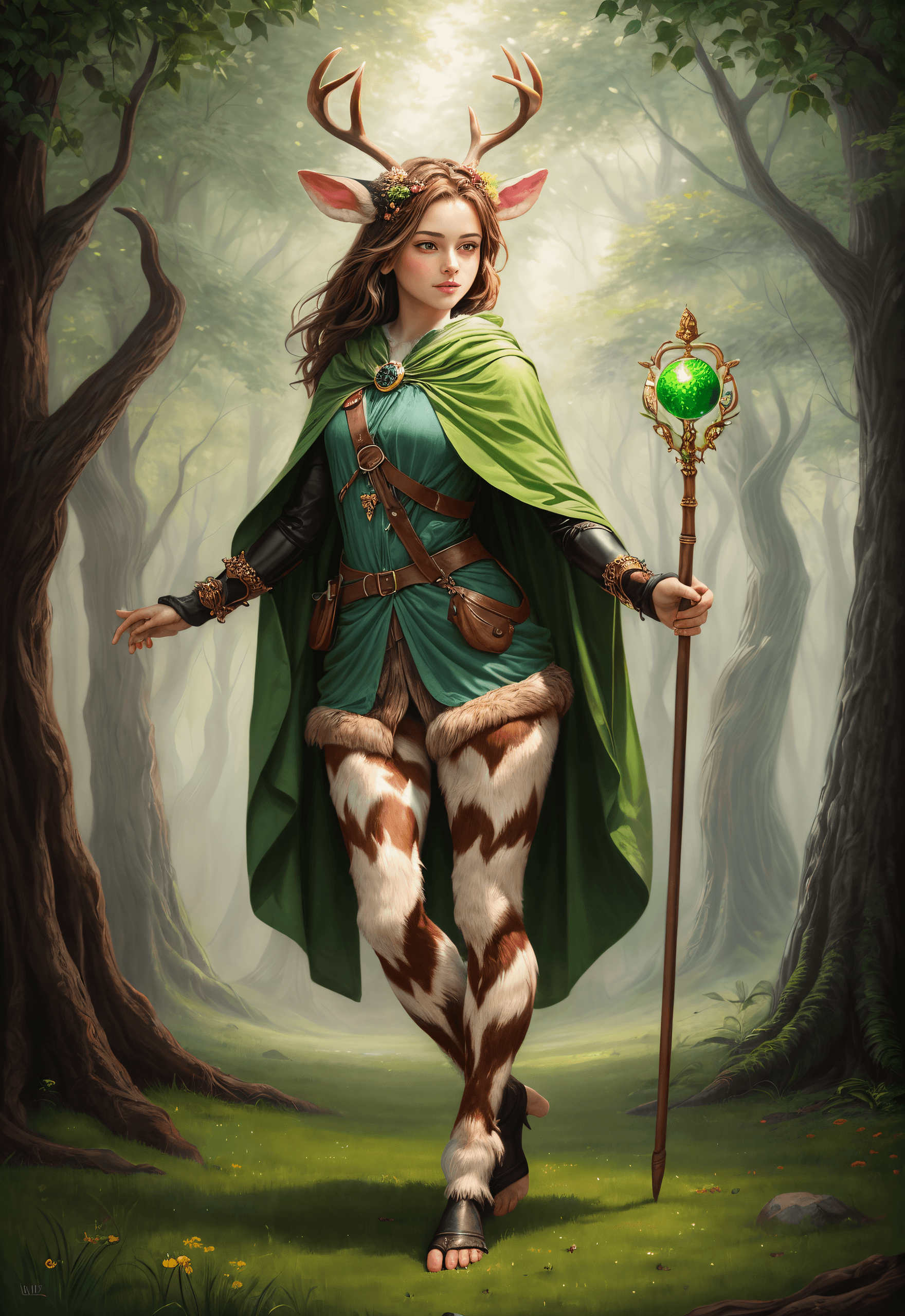 AI generated: oil painting, a standing female faun with (cloven hooves:1.1) , brown hair, cloven hooves instead of...