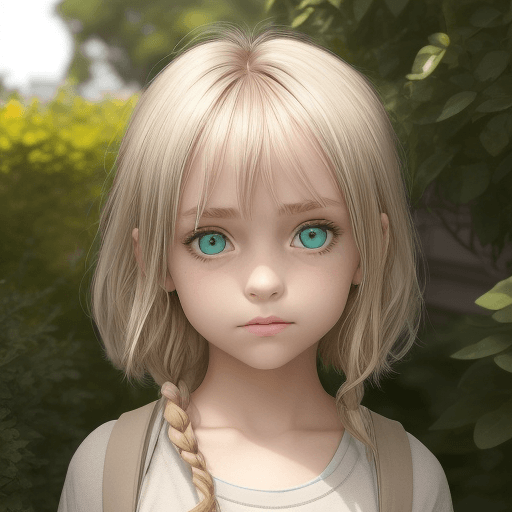 AI generated: a cute little 11 year old girl with blonde  hair mixed with grey. she has ice green eyes tinted with...