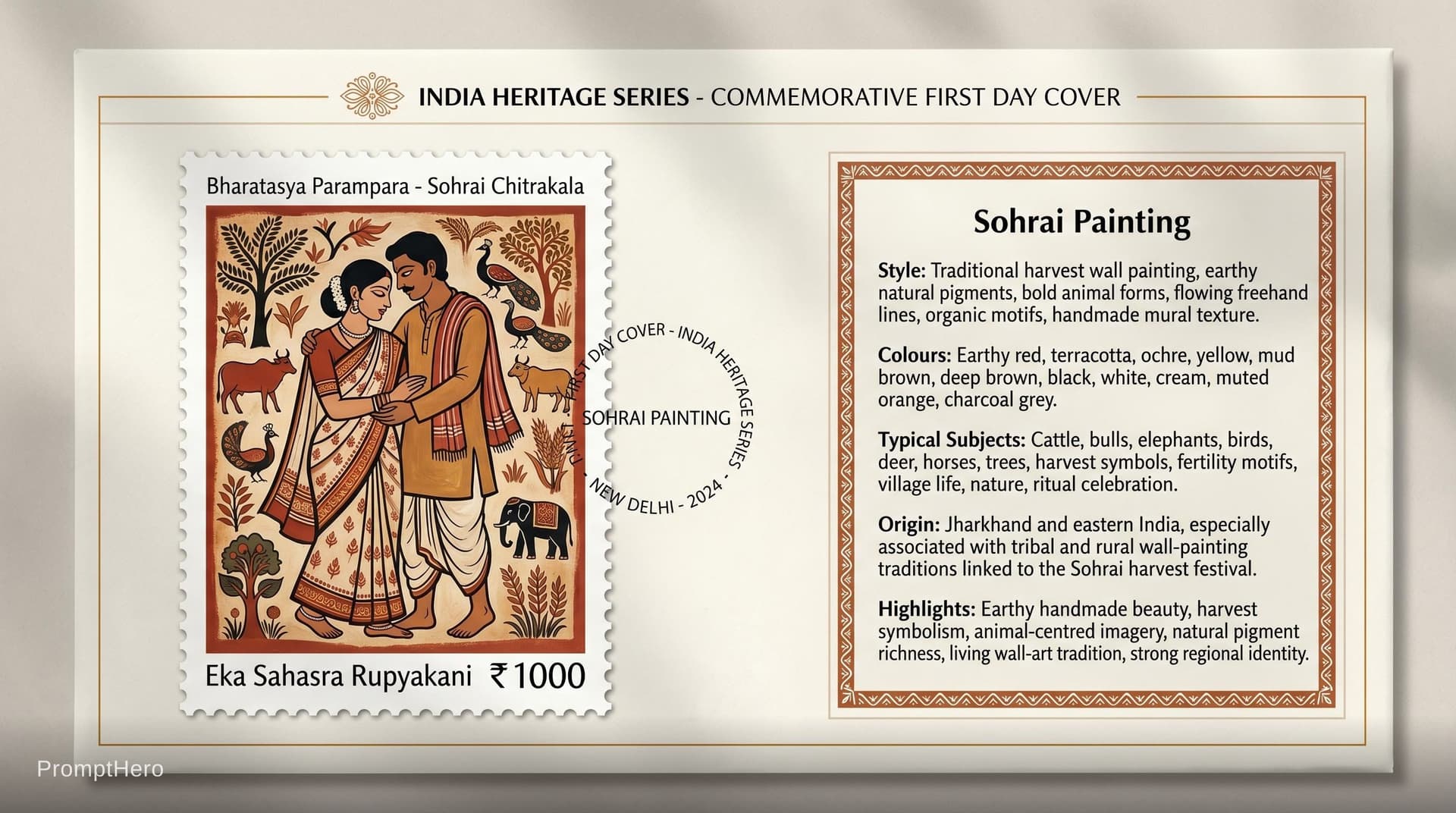 AI generated: Create a 16:9, 4K premium commemorative First Day Cover envelope inspired by India Post heritage des...