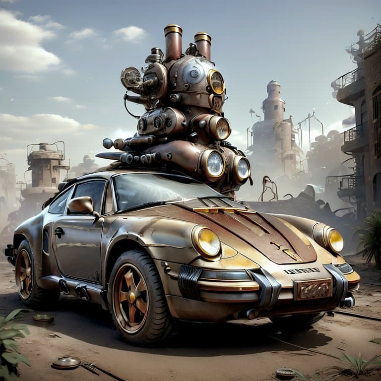 AI generated: <lora:911SD:0.6> masterpiece, photo of a Porsche 911SD, (((911SD with steampunk wheels and steampunk...