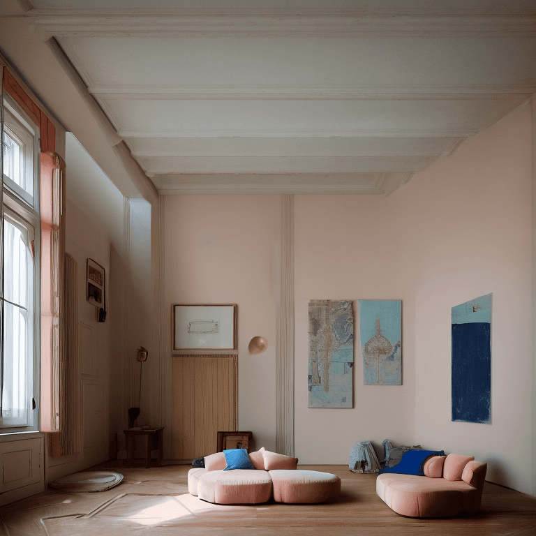 AI generated: High resolution photography interior design, dreamy sunken living room conversation pit, wooden floo...