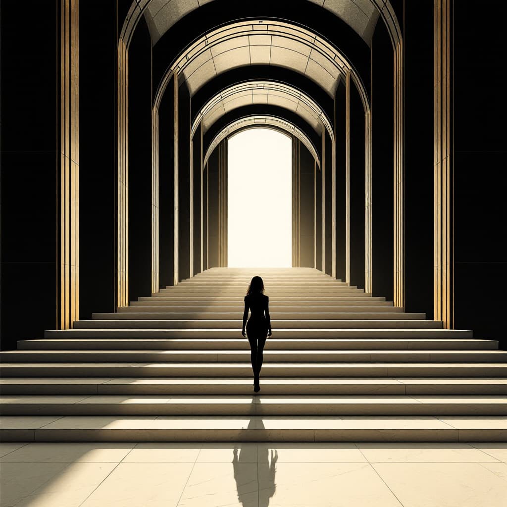 AI generated: "a lone, silhouetted female figure dressed in black, walking away from the viewer down a grand, styl...