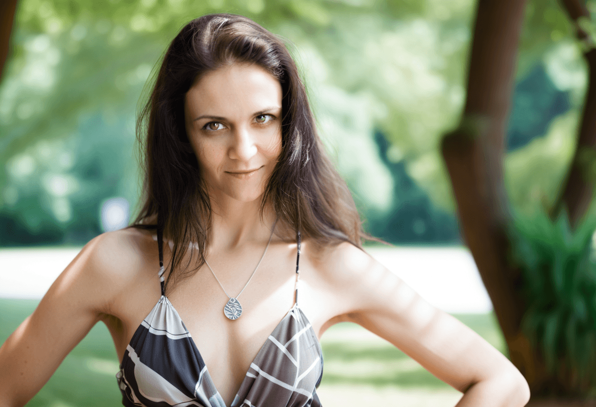 AI generated: This is a photograph of a woman posing in a gorgeous park in the middle of a warm, summer day. Weari...