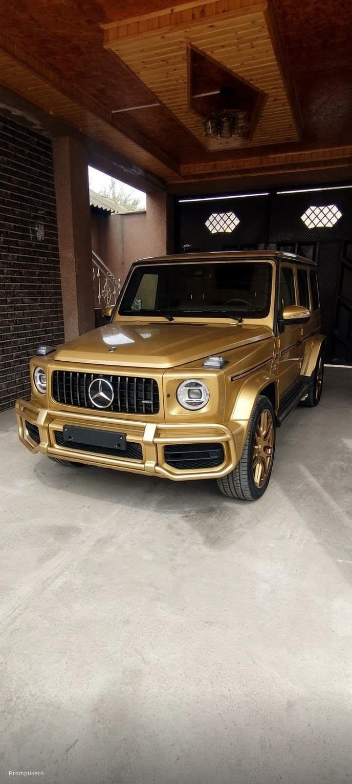 AI generated: a gold Mercedes AMG G 63, unsplash --v 5. 2
