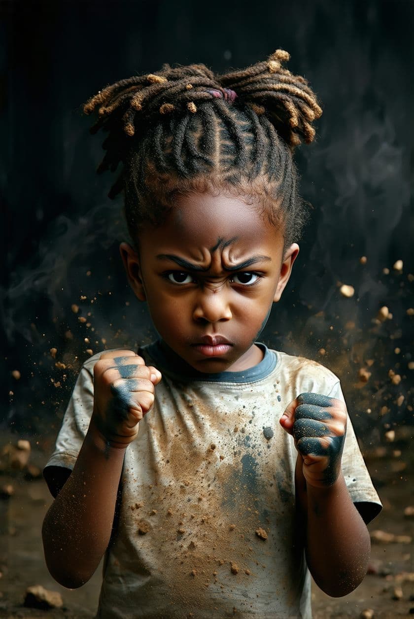 AI generated: A young African American child with a determined expression is covered in dirt and raising their fis...