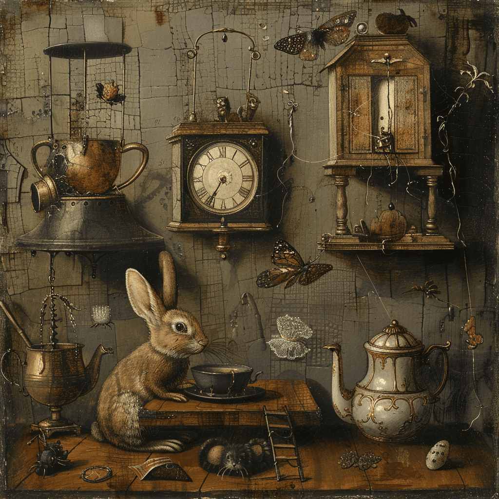 AI generated: Work of art Alice in Wonderland, small objects: rabbit, air bunk, hat, teapot, in the style of Hiero...