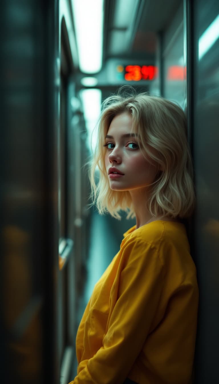 AI generated: blond girl in a yellow shirt is posing in a train, soft, atmospheric lighting --chaos 33 --ar 1:2 --...