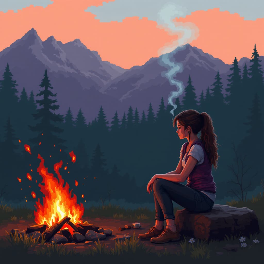 AI generated: make me a picture of a woman sitting enjoying a campfire in pixel art version